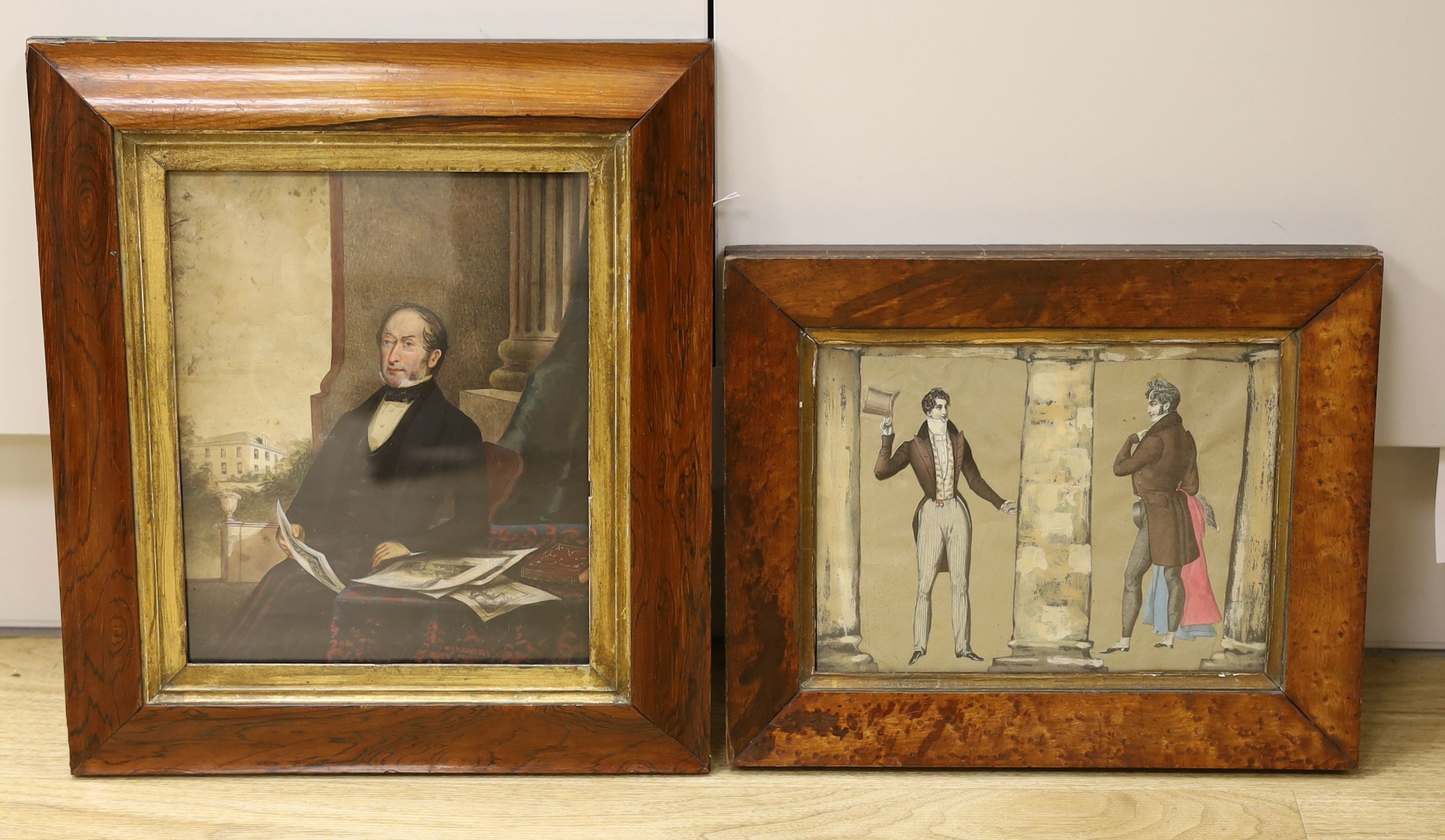 William Greenlees (19th C.), watercolour, Half length portrait of a gentleman seated in a drawing room, signed and dated 1850, 25 x 20cm and a handtinted decoupagé, 17 x 23cm